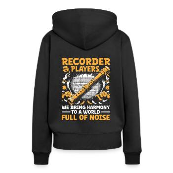 Blockflötenspieler Wir bringen Harmonie in eine Welt voller Harmonie - Frauen Premium Bio Hoodie - Schwarz - Hinten - Julia (174cm)