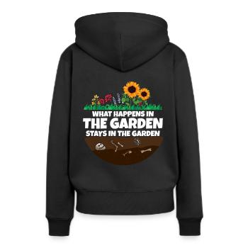 Gardener saying what happens in the garden - Women’s Premium Organic Hoodie - black - Back - Julia (174cm)