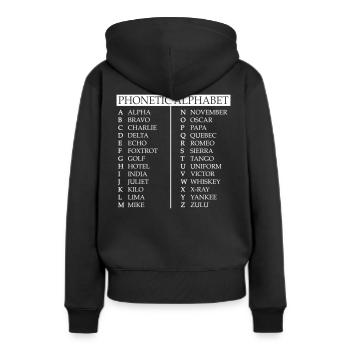 Alphabet phonétique - Sweat à capuche Premium bio Femme - noir - Dos - Julia (174cm)