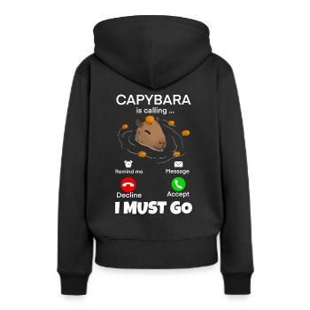 Capybara telefonieren ich muss gehen - Frauen Premium Bio Hoodie - Schwarz - Hinten - Julia (174cm)