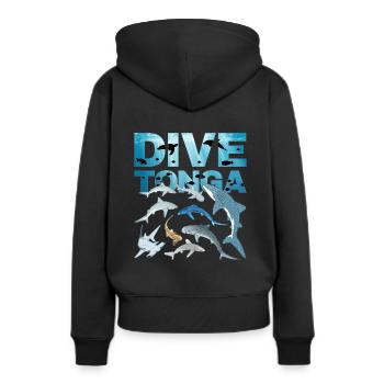 DIVE Tonga Haiarten Tigerhai Walhai Blauhai - Frauen Premium Bio Hoodie - Schwarz - Hinten - Julia (174cm)
