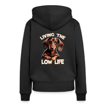 Dachshund - Living the Low Life | Dackel Papa - Frauen Premium Bio Hoodie - Schwarz - Hinten - Julia (174cm)