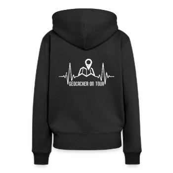 Geocaching Herzschlag Geocacher unterwegs - Frauen Premium Bio Hoodie - Schwarz - Hinten - Julia (174cm)