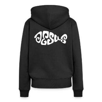 Jesus Fisch Design. - Frauen Premium Bio Hoodie - Schwarz - Hinten - Julia (174cm)