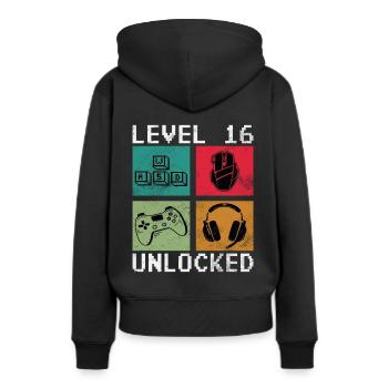 Niveau 16 débloqué 16 Anniversaire 16 ans - Sweat à capuche Premium bio Femme - noir - Dos - Julia (174cm)