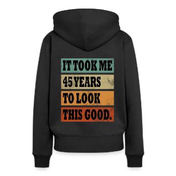 45 ans d’anniversaire Idée cadeau Homme Femme Divers - Sweat à capuche Premium bio Femme - noir - Dos - Julia (174cm)