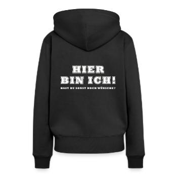 Hier bin ich hast du sonst noch wünsche - Frauen Premium Bio Hoodie - Schwarz - Hinten - Julia (174cm)
