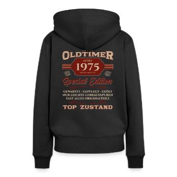 50. Geburtstag Oldtimer März Jahrgang 1975 - Frauen Premium Bio Hoodie - Schwarz - Hinten - Julia (174cm)