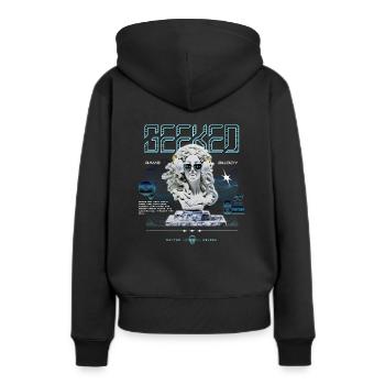GEEKED - Frauen Premium Bio Hoodie - Schwarz - Hinten - Julia (174cm)