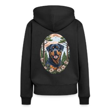Cheerful Rottweiler Portrait in the Forest with Flowers - Women’s Premium Organic Hoodie - black - Back - Julia (174cm)