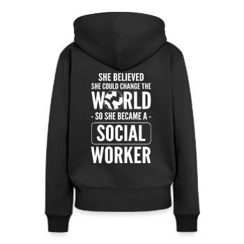 Lustiges Sozialarbeiter Design - Frauen Premium Bio Hoodie - Schwarz - Hinten - Julia (174cm)