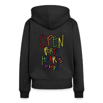 Ports ouverts coeurs et esprits - Sweat à capuche Premium bio Femme - noir - Dos - Julia (174cm)