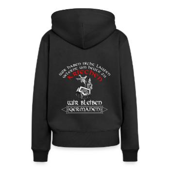 Wir bleiben Germanen - Frauen Premium Bio Hoodie - Schwarz - Hinten - Julia (174cm)