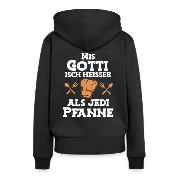 Mis Gotti isch heisser als jede Pfanne Patentante - Frauen Premium Bio Hoodie - Schwarz - Hinten - Julia (174cm)