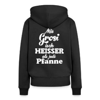 Mis Grosi isch heisser als jede Pfanne Oma Schweiz - Frauen Premium Bio Hoodie - Schwarz - Hinten - Julia (174cm)