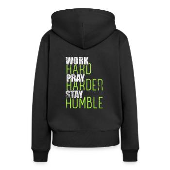 Hart arbeiten, härter bleiben, bleib bescheidener Christ - Frauen Premium Bio Hoodie - Schwarz - Hinten - Julia (174cm)