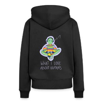 Ce que j’aime dans la conspiration des humains - Sweat à capuche Premium bio Femme - noir - Dos - Julia (174cm)