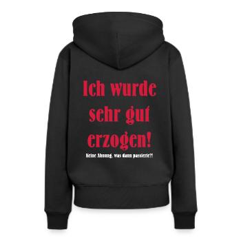erzogen - Frauen Premium Bio Hoodie - Schwarz - Hinten - Julia (174cm)