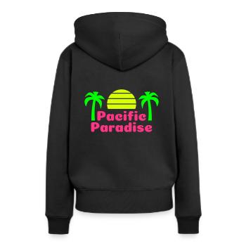 Paradis du Pacifique (demi-soleil, palmiers) - Sweat à capuche Premium bio Femme - noir - Dos - Julia (174cm)