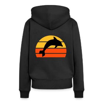 Springender Delphin vor einer geteilten Halbsonne - Frauen Premium Bio Hoodie - Schwarz - Hinten - Julia (174cm)
