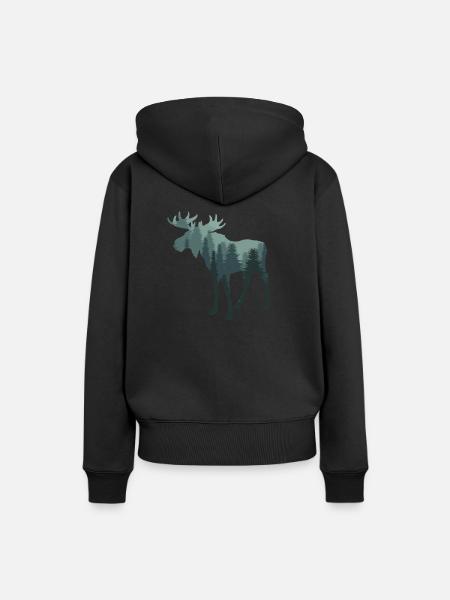 Elch - Silhouette mit grünem Wald / Tannen - Frauen Premium Bio Hoodie - Schwarz