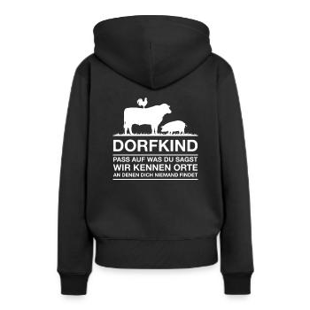 Lustiger Dorfkind Spruch - Frauen Premium Bio Hoodie - Schwarz - Hinten - Julia (174cm)