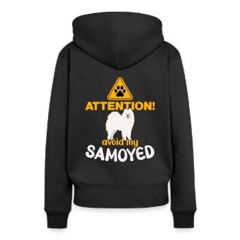 Aufmerksamkeit! Meide meine Samojeden! - Frauen Premium Bio Hoodie - Schwarz - Hinten - Julia (174cm)