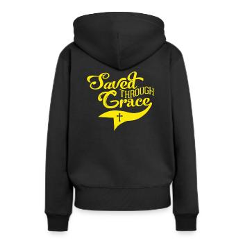 Saved Through Grace - Frauen Premium Bio Hoodie - Schwarz - Hinten - Julia (174cm)