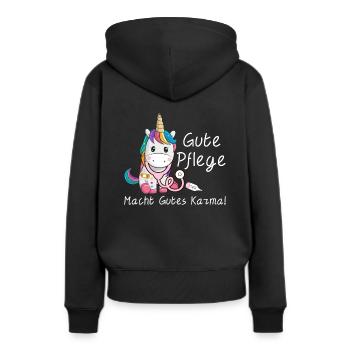 Gute Pflege macht gutes Karma Einhorn Pflegekräfte - Frauen Premium Bio Hoodie - Schwarz - Hinten - Julia (174cm)
