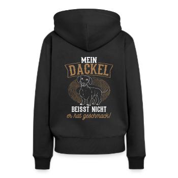 Mein Dackel beisst nicht, er hat Geschmack Dackelh - Frauen Premium Bio Hoodie - Schwarz - Hinten - Julia (174cm)