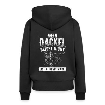 Mein Dackel beisst nicht, er hat Geschmack Dackel - Frauen Premium Bio Hoodie - Schwarz - Hinten - Julia (174cm)