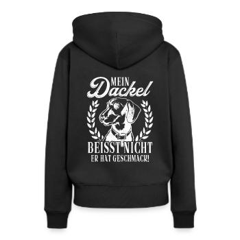 Mein Dackel beisst nicht, er hat Geschmack Dackel - Frauen Premium Bio Hoodie - Schwarz - Hinten - Julia (174cm)