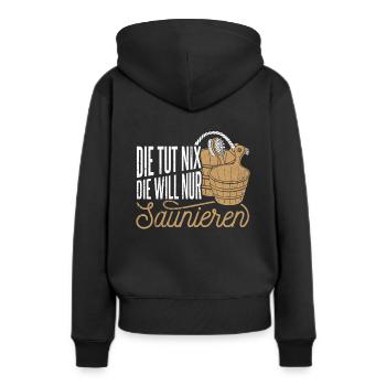 Saunameister - Geschenk Sauna Spruch Saunieren - Frauen Premium Bio Hoodie - Schwarz - Hinten - Julia (174cm)