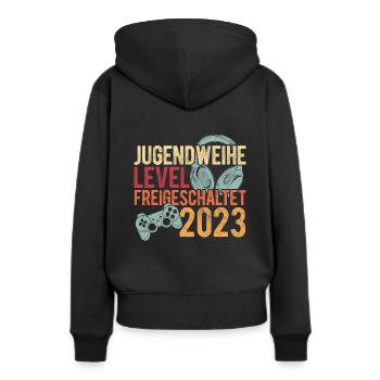 Jugendweihe Level Freigeschaltet 2023 - Design Ges - Frauen Premium Bio Hoodie - Schwarz - Hinten - Julia (174cm)