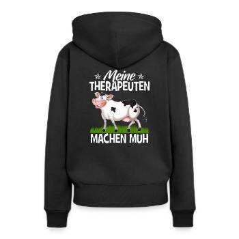 Meine Therapeuten machen Muh - Frauen Premium Bio Hoodie - Schwarz - Hinten - Julia (174cm)