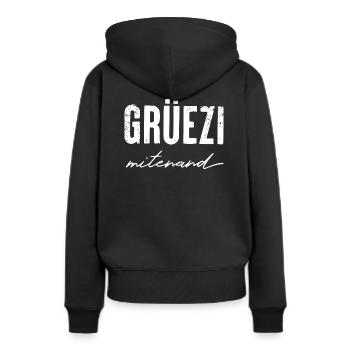 GRÜEZI mitenand - Schweizerdeutsch - Frauen Premium Bio Hoodie - Schwarz - Hinten - Julia (174cm)