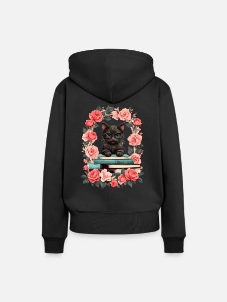 Schwarze Katze mit Lesebrille - Frauen Premium Bio Hoodie - Schwarz