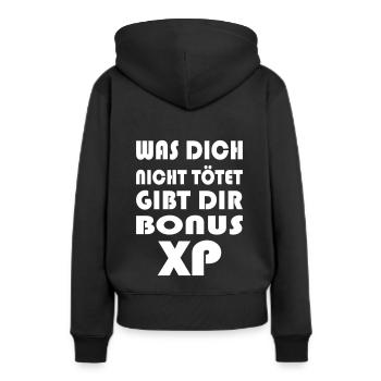 Bonus XP - Frauen Premium Bio Hoodie - Schwarz - Hinten - Julia (174cm)
