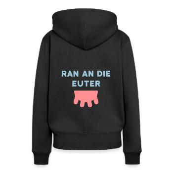 ★ Designfarben änderbar ★ Ran an die Euter, Zitzen - Frauen Premium Bio Hoodie - Schwarz - Hinten - Julia (174cm)