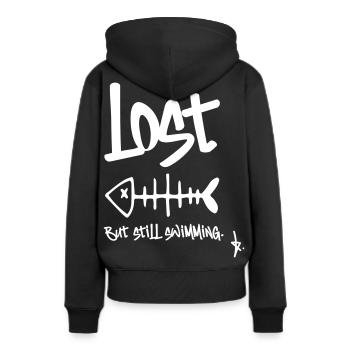 LOST – Mais je nage encore | Conception en arête de poisson - Sweat à capuche Premium bio Femme - noir - Dos - Julia (174cm)