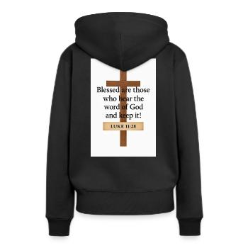 Kreuzzitate: Selige, die Gottes Wort hören - Frauen Premium Bio Hoodie - Schwarz - Hinten - Julia (174cm)