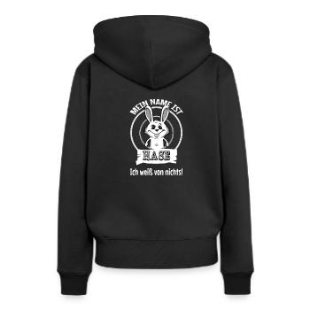 Mein Name ist Hase. Ich weiß von nichts! Frech - Frauen Premium Bio Hoodie - Schwarz - Hinten - Julia (174cm)