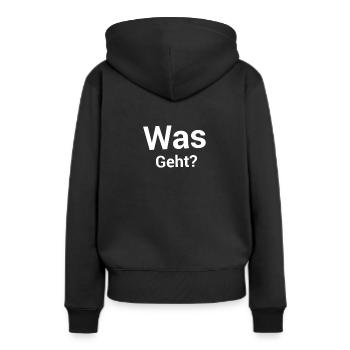Was geht ab ? Geschenk lustige Sprüche Spruch - Frauen Premium Bio Hoodie - Schwarz - Hinten - Julia (174cm)