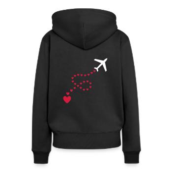 ★ Designfarben änderbar ★ Flugzeug (Spur, Herzen) - Frauen Premium Bio Hoodie - Schwarz - Hinten - Julia (174cm)