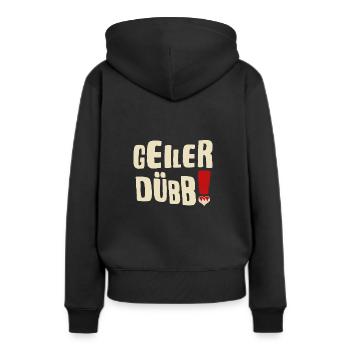 "Geiler Dübb" fränkischer Dialekt Übersetzer - Frauen Premium Bio Hoodie - Schwarz - Hinten - Julia (174cm)