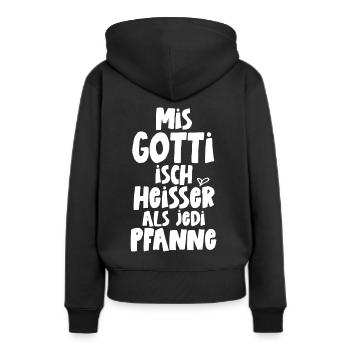 Mis Gotti isch heisser als jede Pfanne Patentante - Frauen Premium Bio Hoodie - Schwarz - Hinten - Julia (174cm)