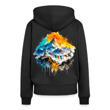 Himalaya Aquarell Berge & Gebetsfahnen - Frauen Premium Bio Hoodie - Schwarz - Hinten - Julia (174cm)