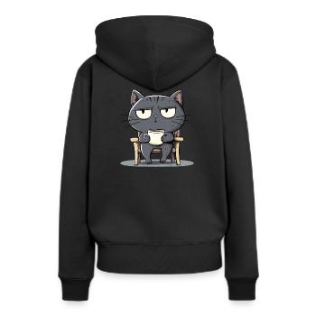 Grauer Kater sitzend auf dem Stuhl mit Kaffee - Frauen Premium Bio Hoodie - Schwarz - Hinten - Julia (174cm)