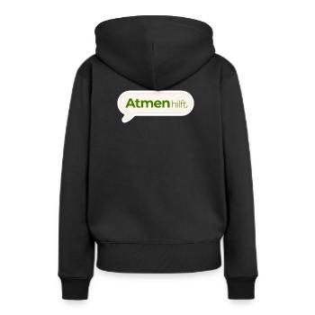 Atmen hilft – Achtsamkeitsspruch in Moosgrün - Frauen Premium Bio Hoodie - Schwarz - Hinten - Julia (174cm)