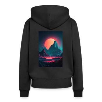 Eine Synthwave Retrowave Sinfonie in den Bergen - Frauen Premium Bio Hoodie - Schwarz - Hinten - Julia (174cm)